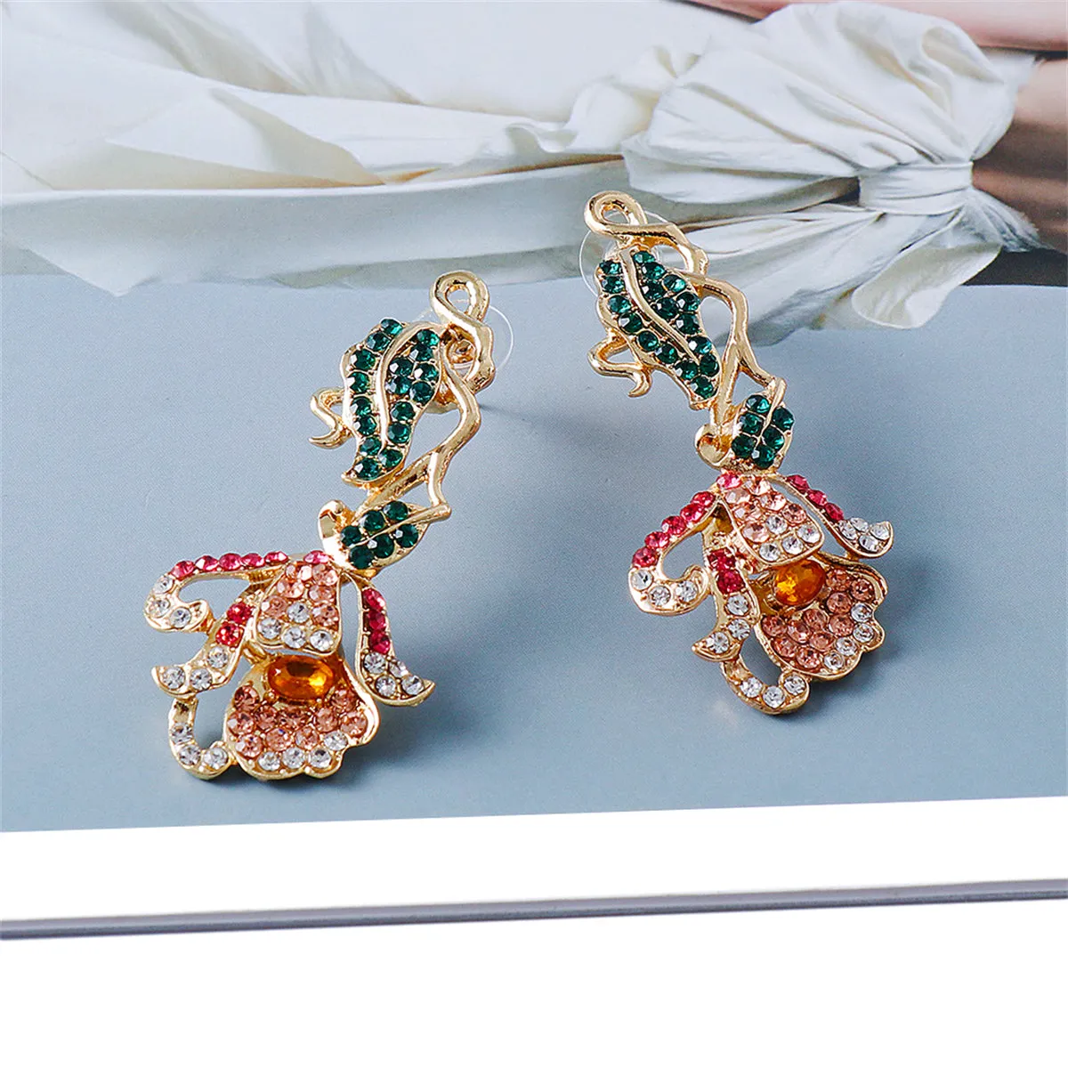 Green Multicolor Cubic Zirconia & 18K Gold-Plated Petunia Drop Earrings