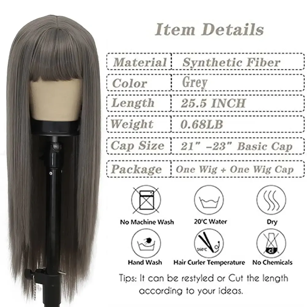 Grey Long Straight Hair Wig with Bangs