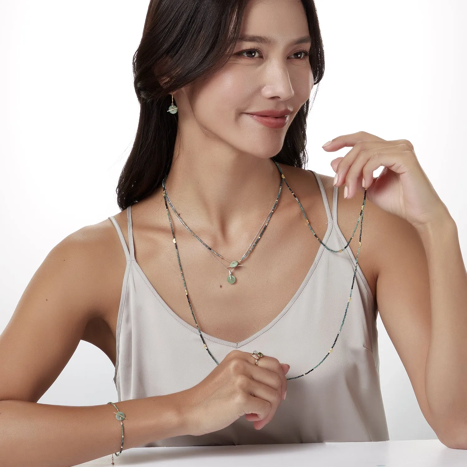 Half Moon Long Strand Necklace - Green Sapphire