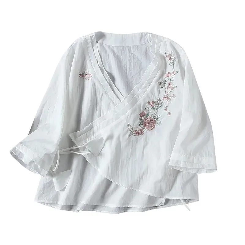 INSTOCK- Cotton and Linen Embroidery Slant-Breasted Fan-Shaped