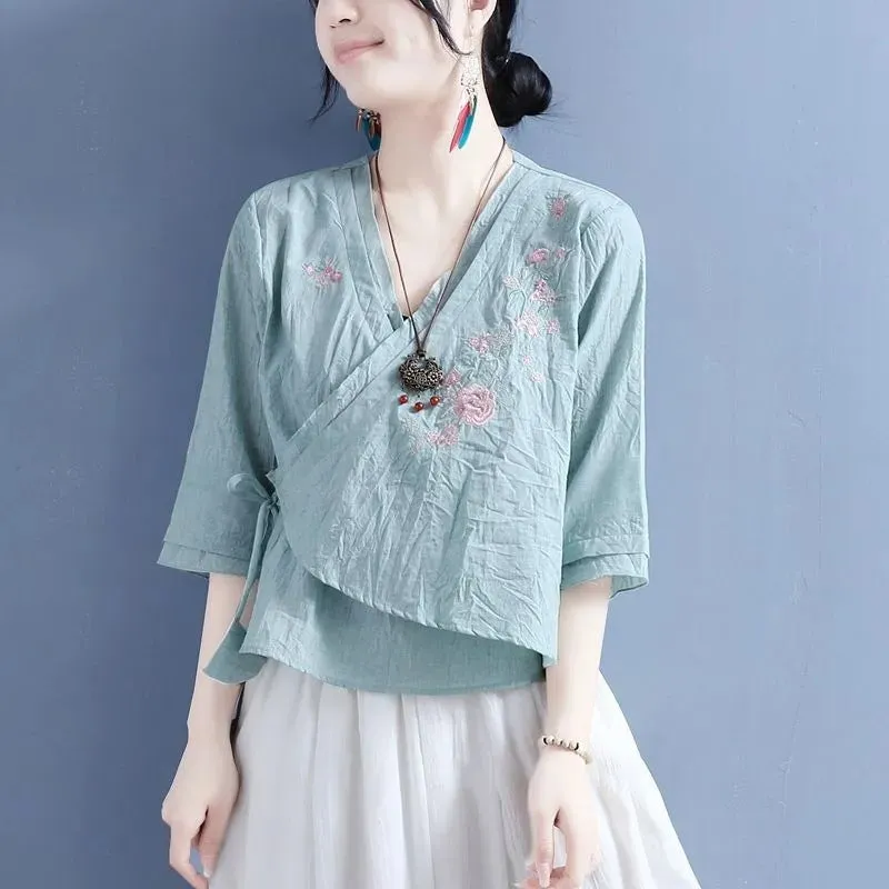 INSTOCK- Cotton and Linen Embroidery Slant-Breasted Fan-Shaped