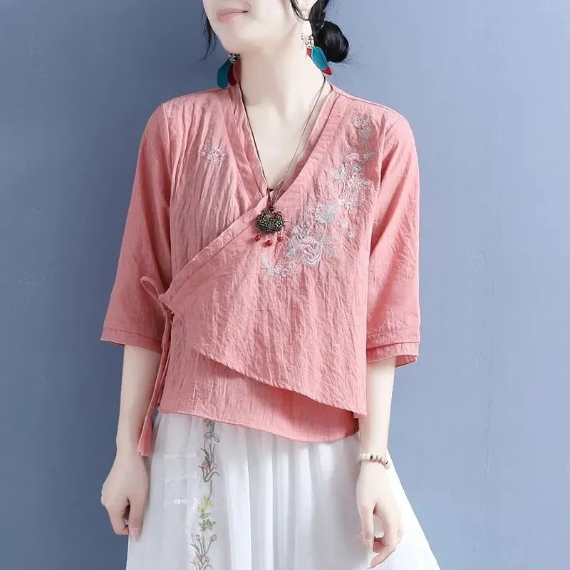 INSTOCK- Cotton and Linen Embroidery Slant-Breasted Fan-Shaped