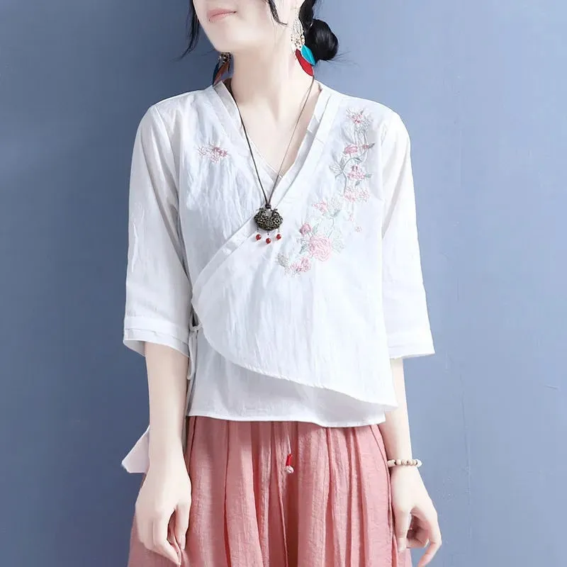 INSTOCK- Cotton and Linen Embroidery Slant-Breasted Fan-Shaped