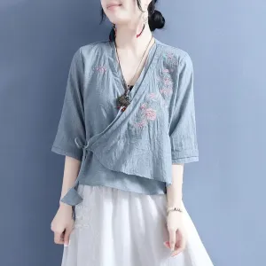 INSTOCK- Cotton and Linen Embroidery Slant-Breasted Fan-Shaped