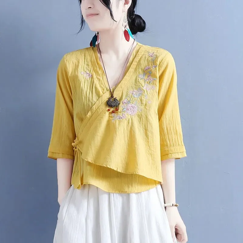 INSTOCK- Cotton and Linen Embroidery Slant-Breasted Fan-Shaped