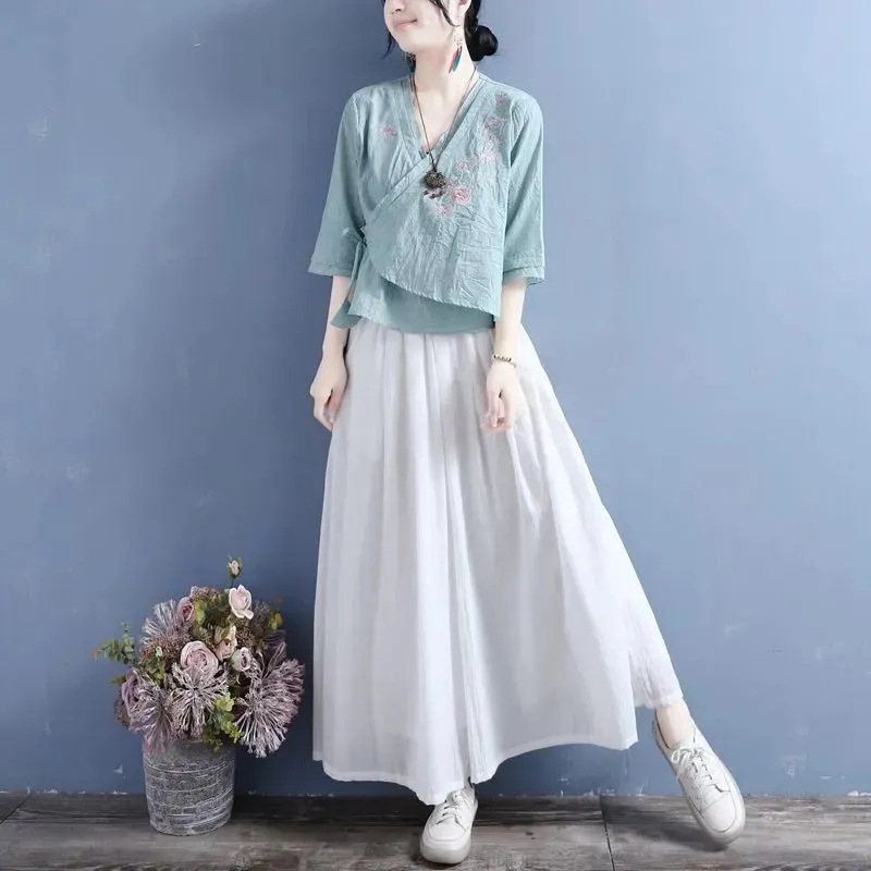 INSTOCK- Cotton and Linen Embroidery Slant-Breasted Fan-Shaped
