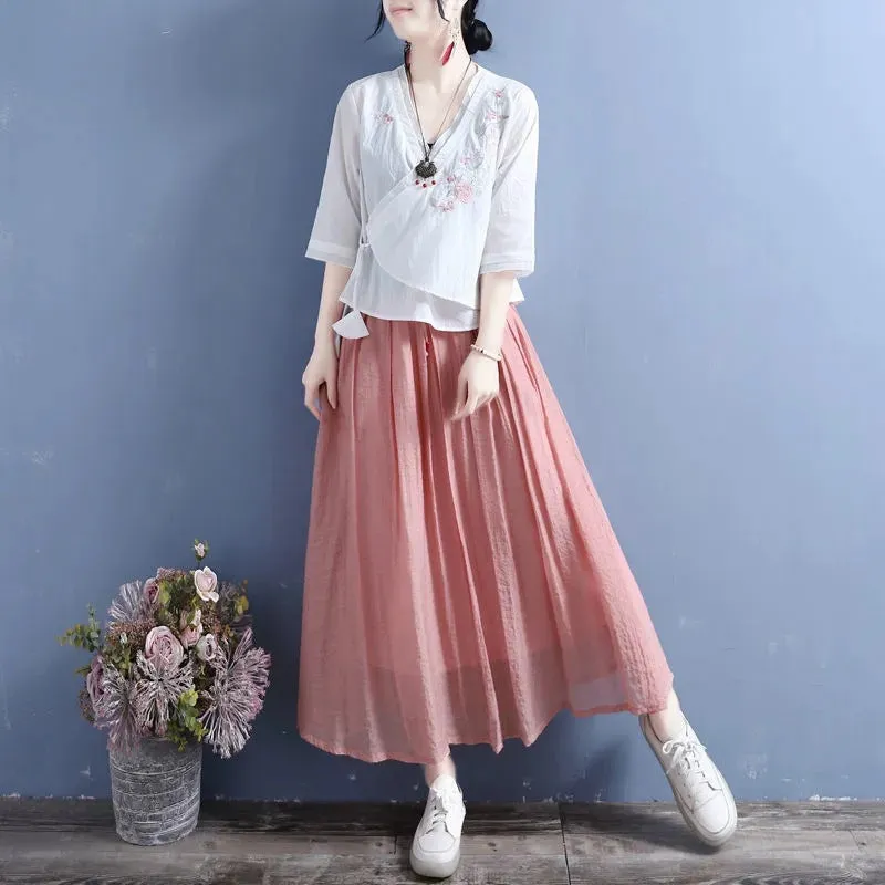 INSTOCK- Cotton and Linen Embroidery Slant-Breasted Fan-Shaped