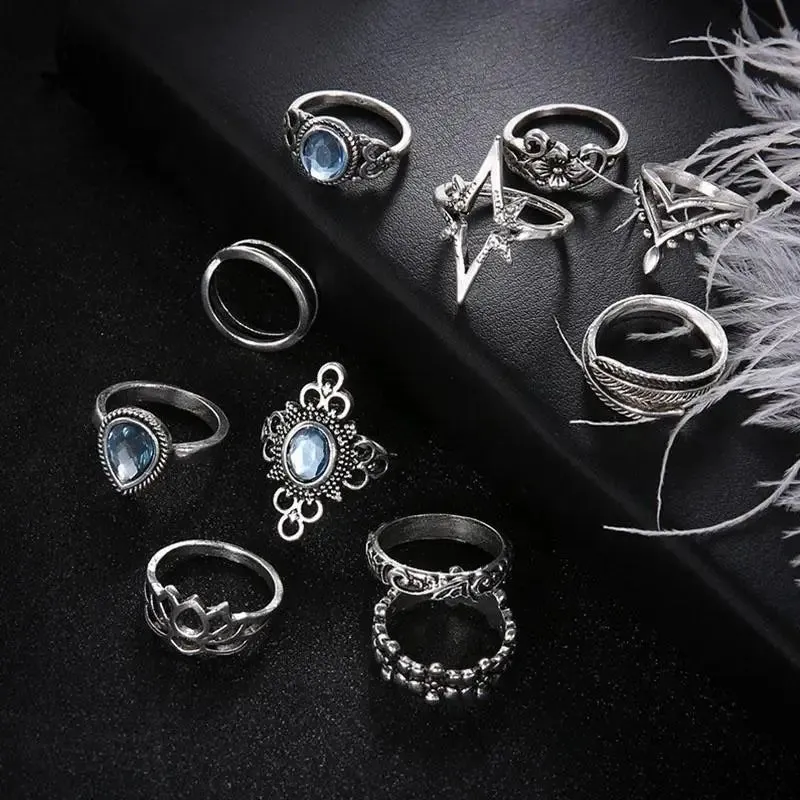 Jewellery - 11Pcs/Set Retro Sapphire Flowers Finger Ring Set - New