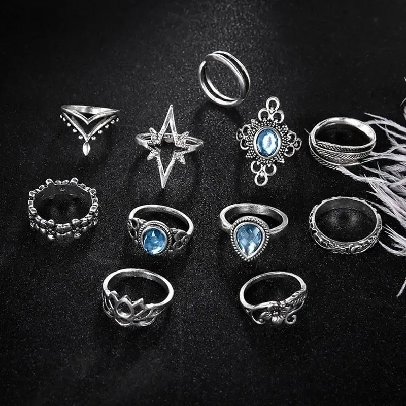 Jewellery - 11Pcs/Set Retro Sapphire Flowers Finger Ring Set - New