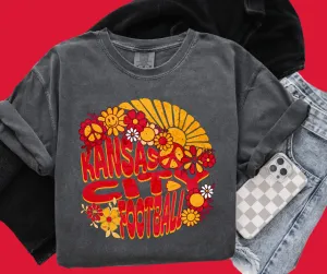 Kansas City Football Retro Sun Happy Face Flowers Pepper Tee