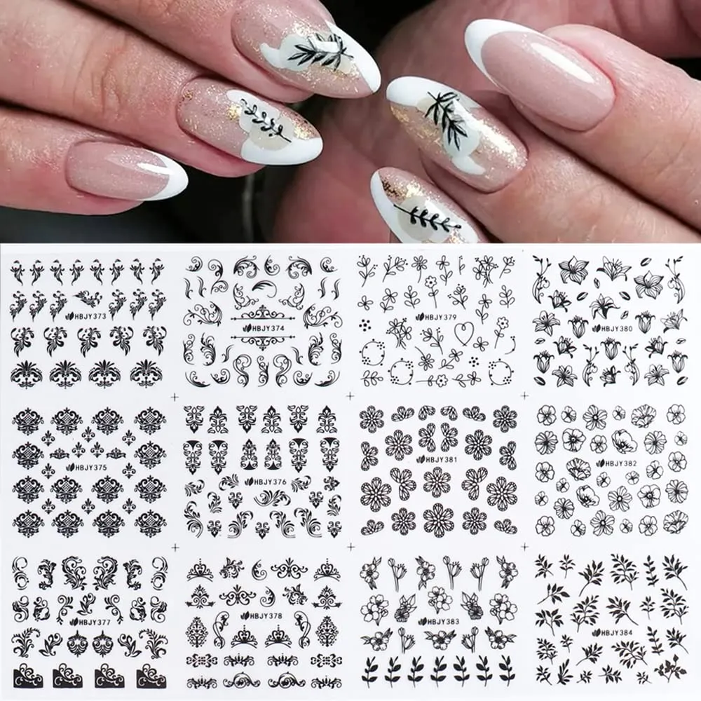 Lace Flowers Nail Stickers, Valentine Wedding Nail Decals White Flowers Nail Art Supply 3D Self-Adhesive Nail Wrap Retro Vine Floral Pattern Design Curved Stripe Lines Nail Decorations for Women Girls