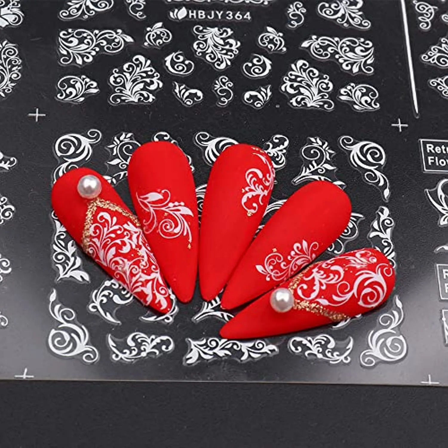 Lace Flowers Nail Stickers, Valentine Wedding Nail Decals White Flowers Nail Art Supply 3D Self-Adhesive Nail Wrap Retro Vine Floral Pattern Design Curved Stripe Lines Nail Decorations for Women Girls