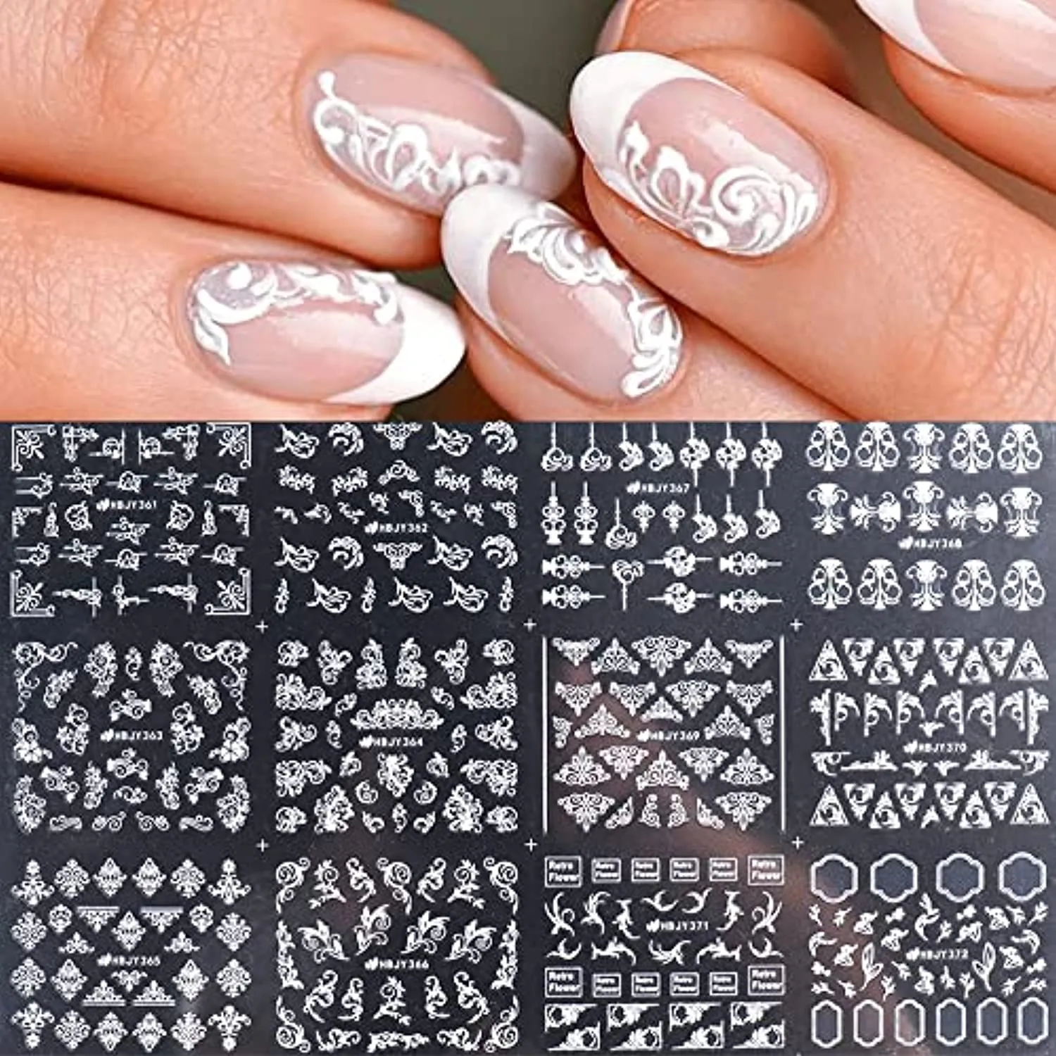 Lace Flowers Nail Stickers, Valentine Wedding Nail Decals White Flowers Nail Art Supply 3D Self-Adhesive Nail Wrap Retro Vine Floral Pattern Design Curved Stripe Lines Nail Decorations for Women Girls