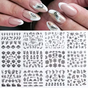 Lace Flowers Nail Stickers, Valentine Wedding Nail Decals White Flowers Nail Art Supply 3D Self-Adhesive Nail Wrap Retro Vine Floral Pattern Design Curved Stripe Lines Nail Decorations for Women Girls