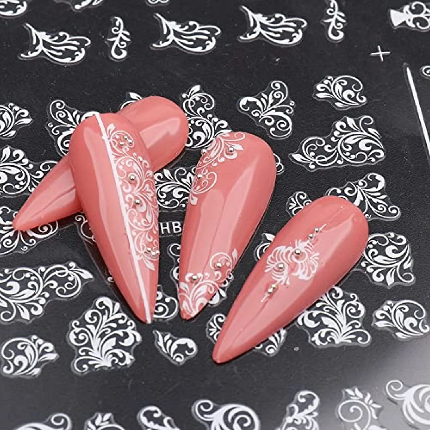 Lace Flowers Nail Stickers, Valentine Wedding Nail Decals White Flowers Nail Art Supply 3D Self-Adhesive Nail Wrap Retro Vine Floral Pattern Design Curved Stripe Lines Nail Decorations for Women Girls