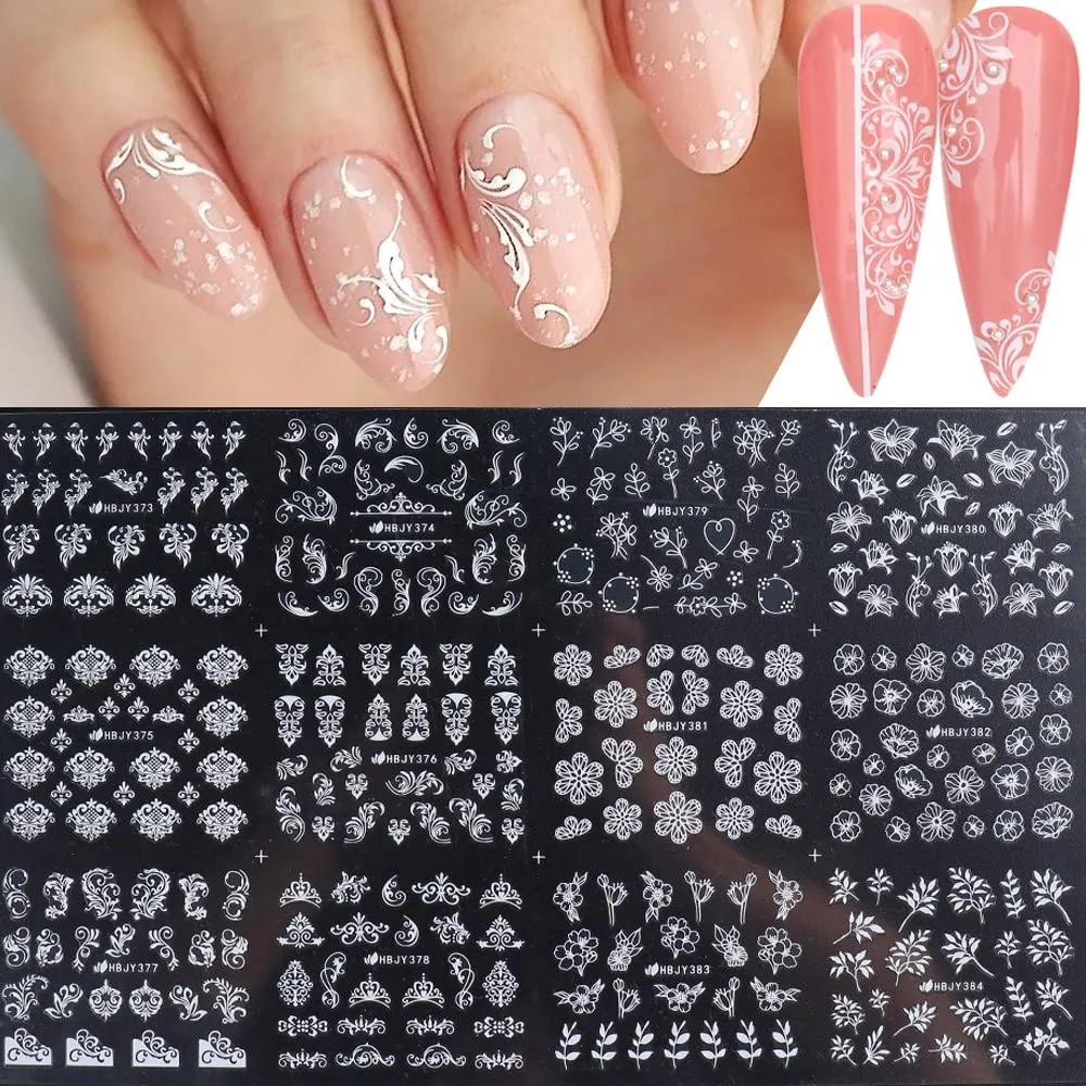Lace Flowers Nail Stickers, Valentine Wedding Nail Decals White Flowers Nail Art Supply 3D Self-Adhesive Nail Wrap Retro Vine Floral Pattern Design Curved Stripe Lines Nail Decorations for Women Girls