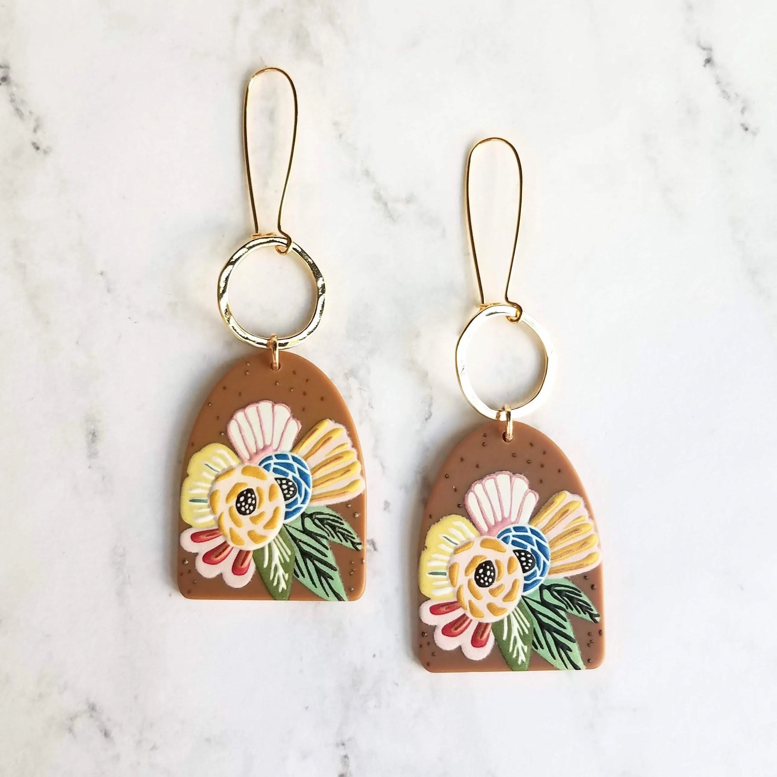 Large Flower Earrings, colorful chunky acrylic dangle, gold hoop, long light earring, kidney wires, 80s earring, bright floral, tropical 3"