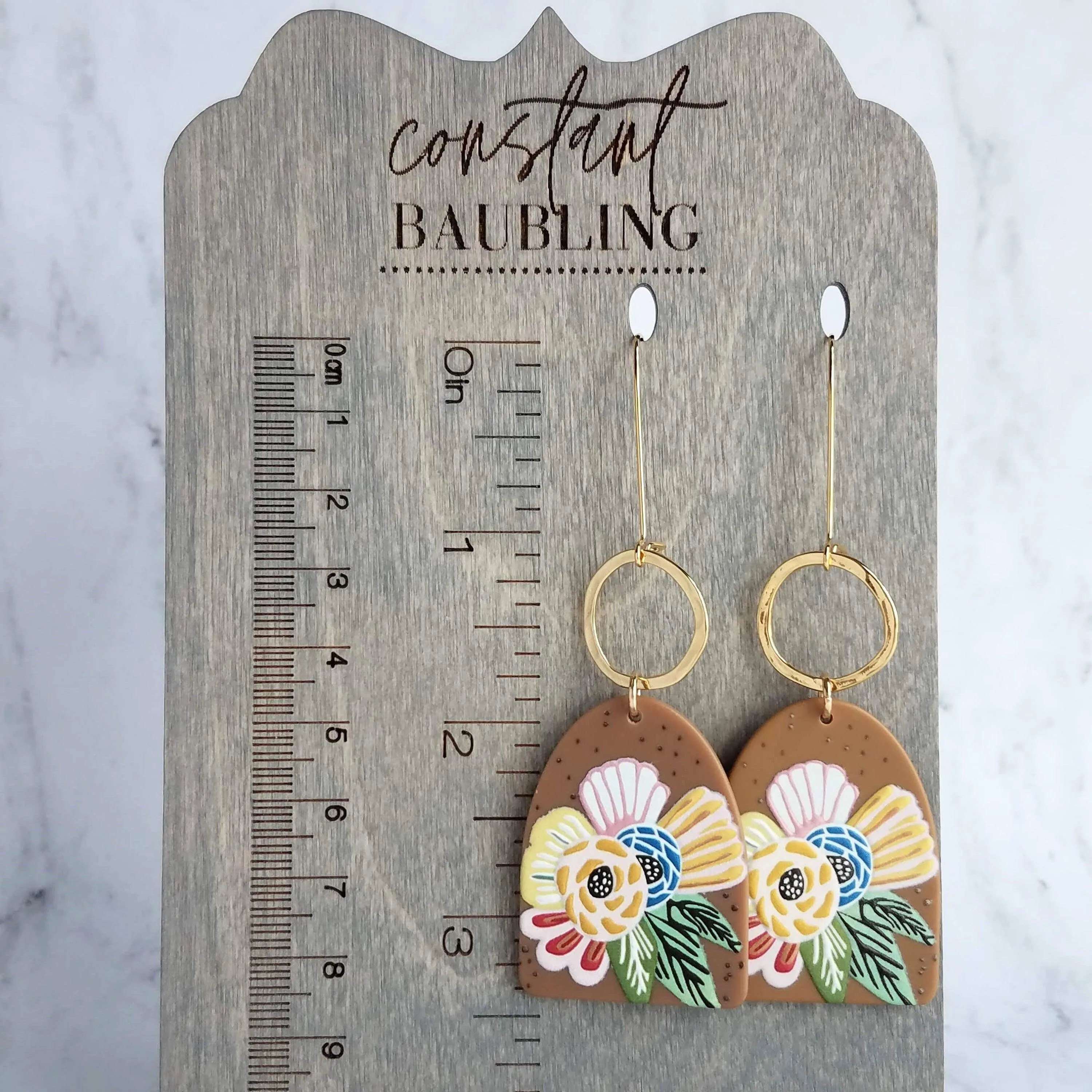 Large Flower Earrings, colorful chunky acrylic dangle, gold hoop, long light earring, kidney wires, 80s earring, bright floral, tropical 3"