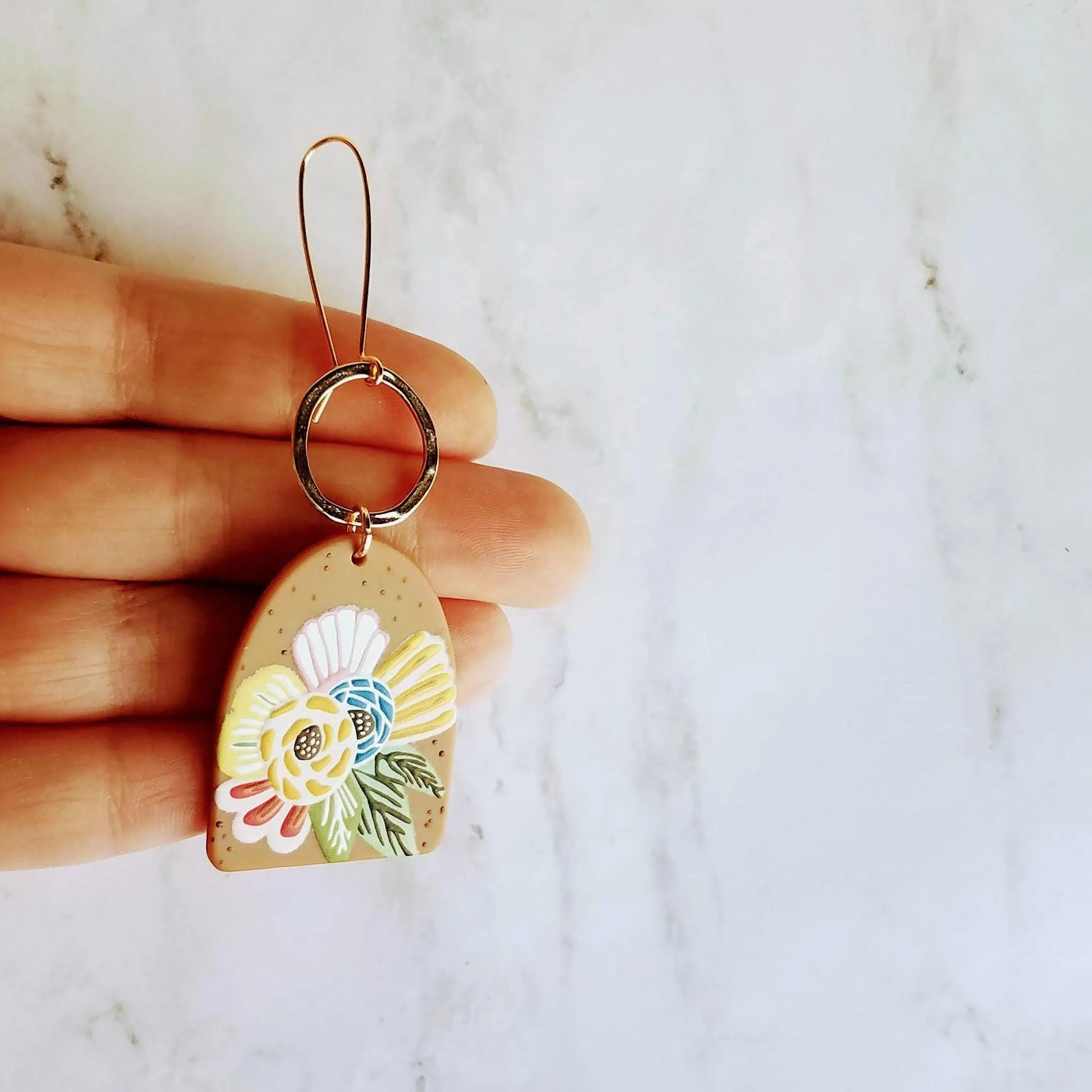 Large Flower Earrings, colorful chunky acrylic dangle, gold hoop, long light earring, kidney wires, 80s earring, bright floral, tropical 3"