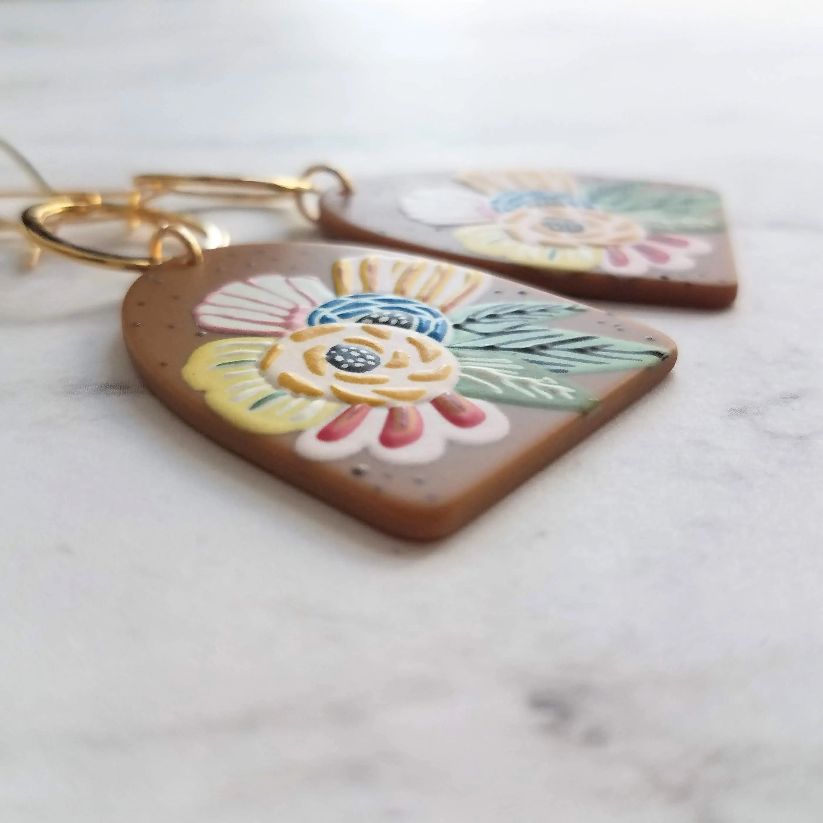 Large Flower Earrings, colorful chunky acrylic dangle, gold hoop, long light earring, kidney wires, 80s earring, bright floral, tropical 3"
