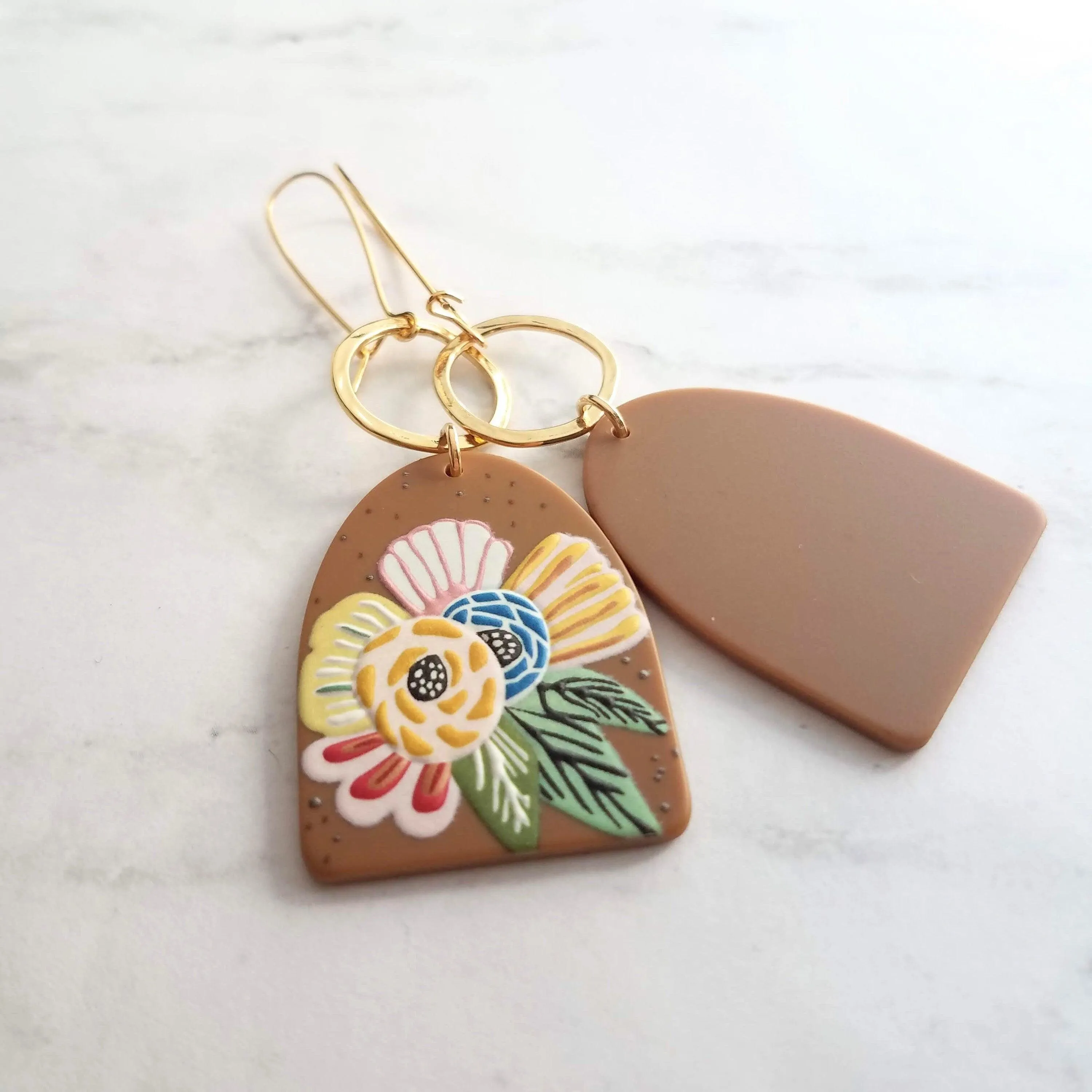 Large Flower Earrings, colorful chunky acrylic dangle, gold hoop, long light earring, kidney wires, 80s earring, bright floral, tropical 3"