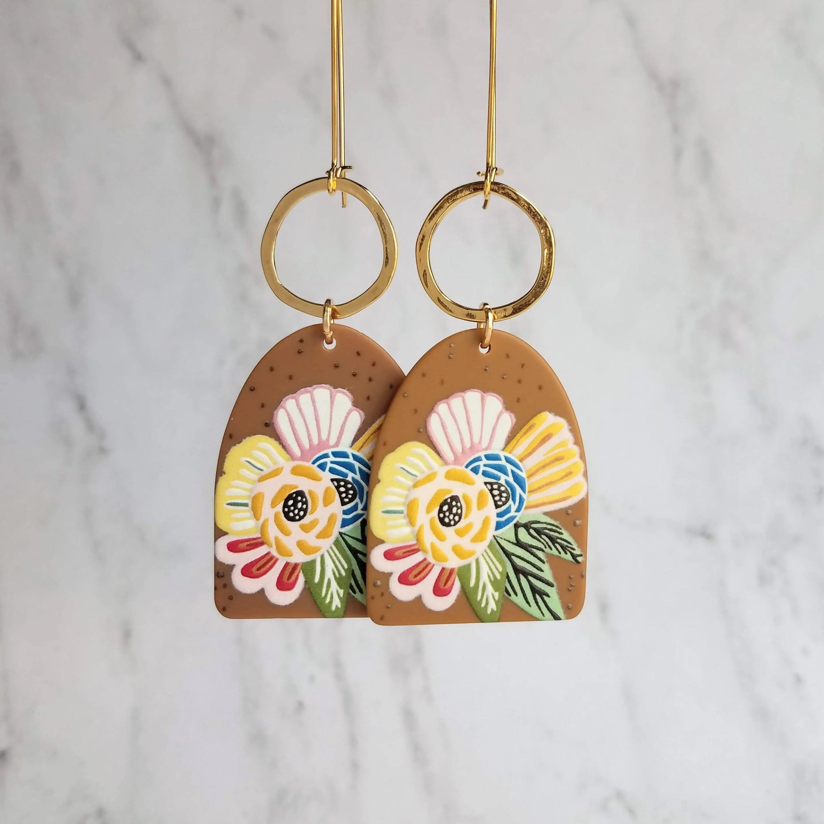 Large Flower Earrings, colorful chunky acrylic dangle, gold hoop, long light earring, kidney wires, 80s earring, bright floral, tropical 3"
