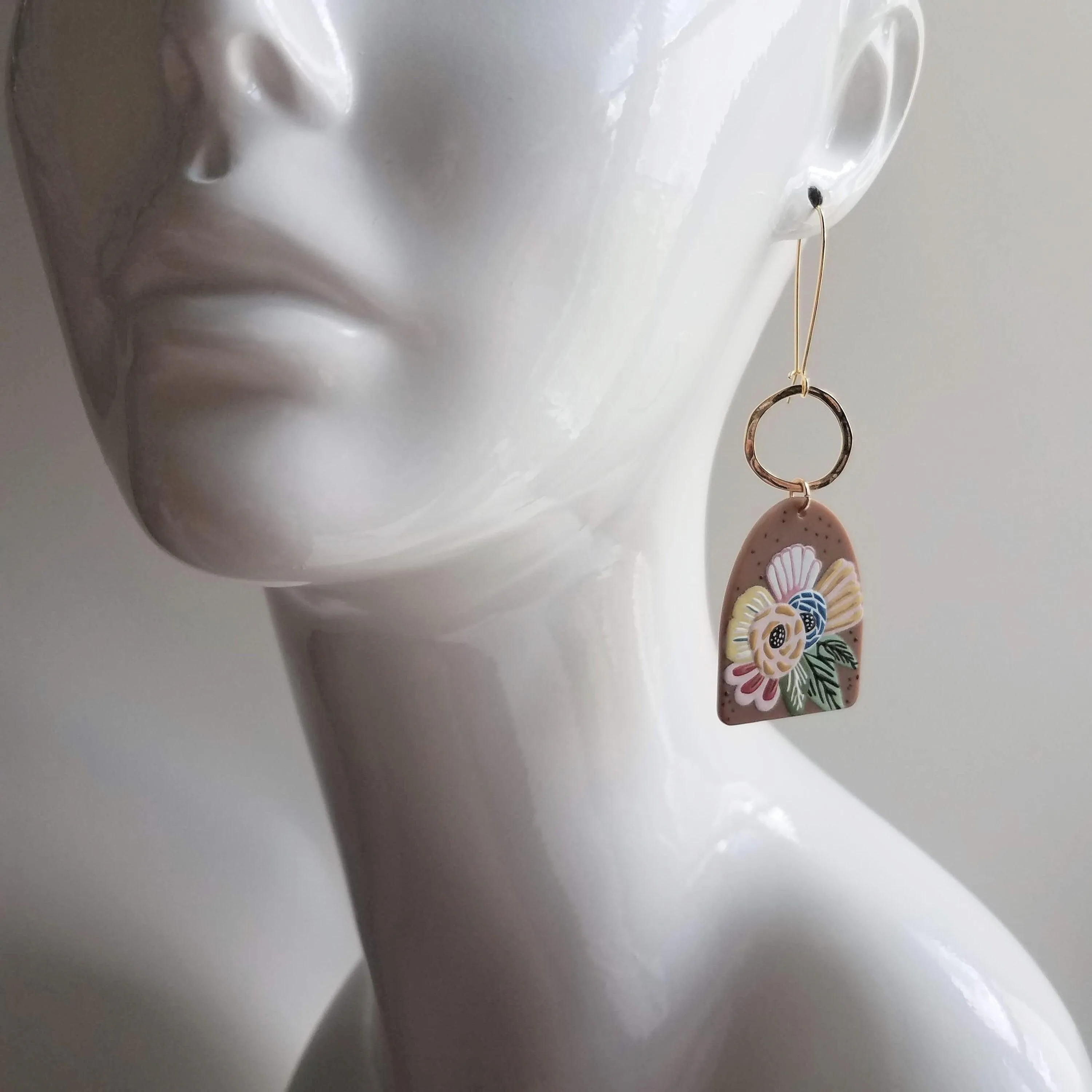 Large Flower Earrings, colorful chunky acrylic dangle, gold hoop, long light earring, kidney wires, 80s earring, bright floral, tropical 3"