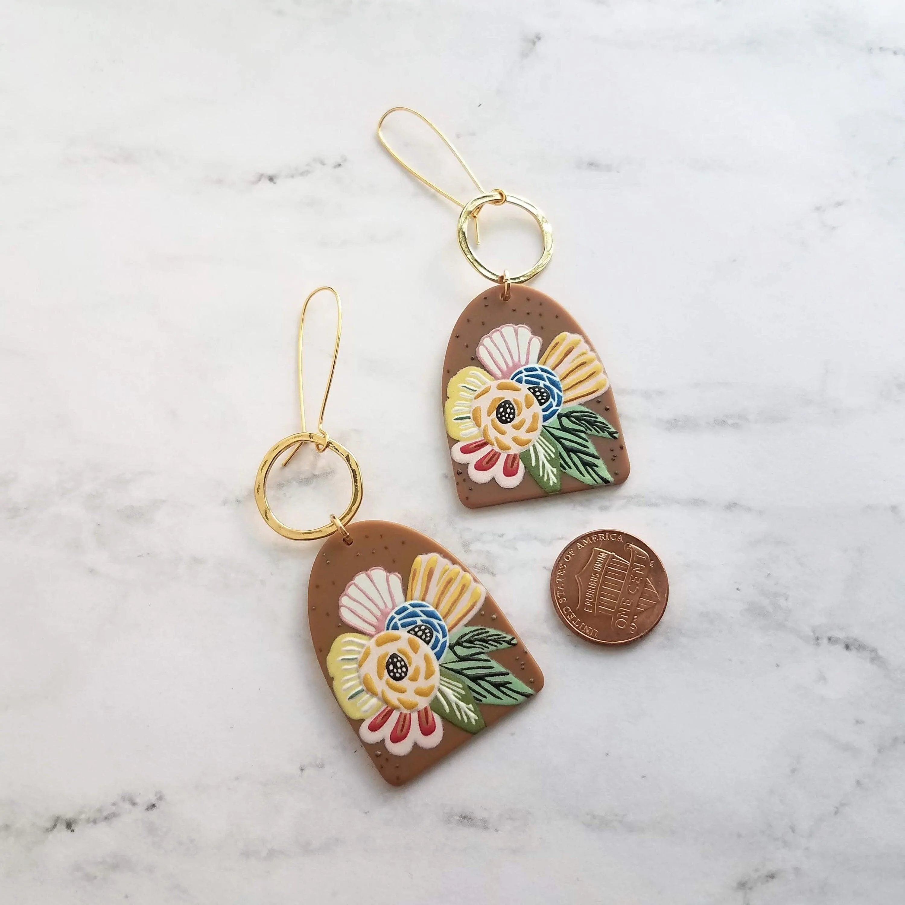 Large Flower Earrings, colorful chunky acrylic dangle, gold hoop, long light earring, kidney wires, 80s earring, bright floral, tropical 3"