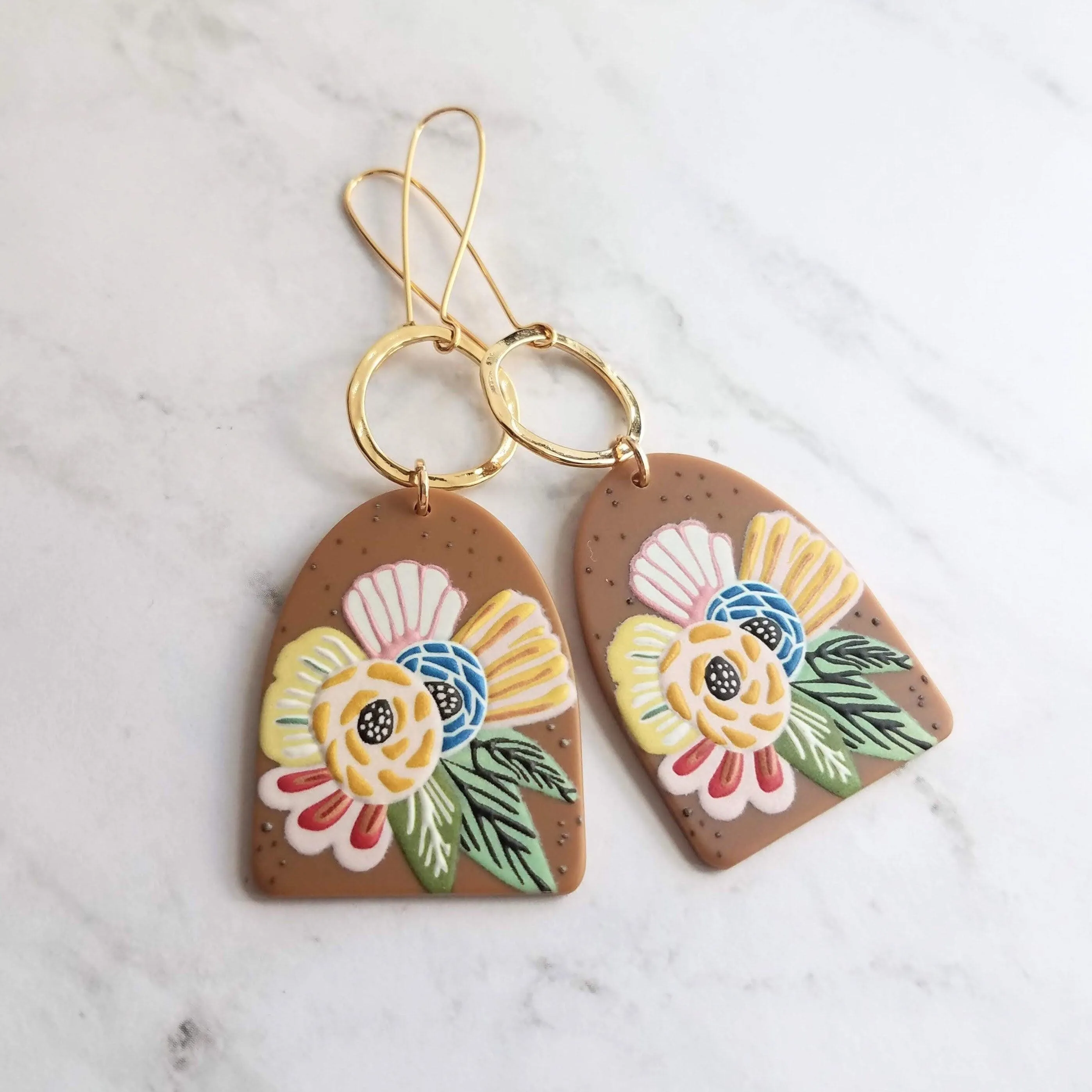 Large Flower Earrings, colorful chunky acrylic dangle, gold hoop, long light earring, kidney wires, 80s earring, bright floral, tropical 3"