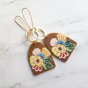 Large Flower Earrings, colorful chunky acrylic dangle, gold hoop, long light earring, kidney wires, 80s earring, bright floral, tropical 3"