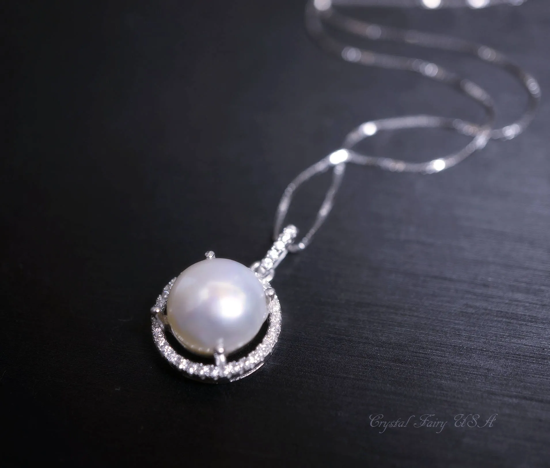 Large Freshwater Pearl Necklace - 925 Sterling Silver Bridal Pearl Necklace -   Princess Diana Style Box Chain Halo White Pearl #208