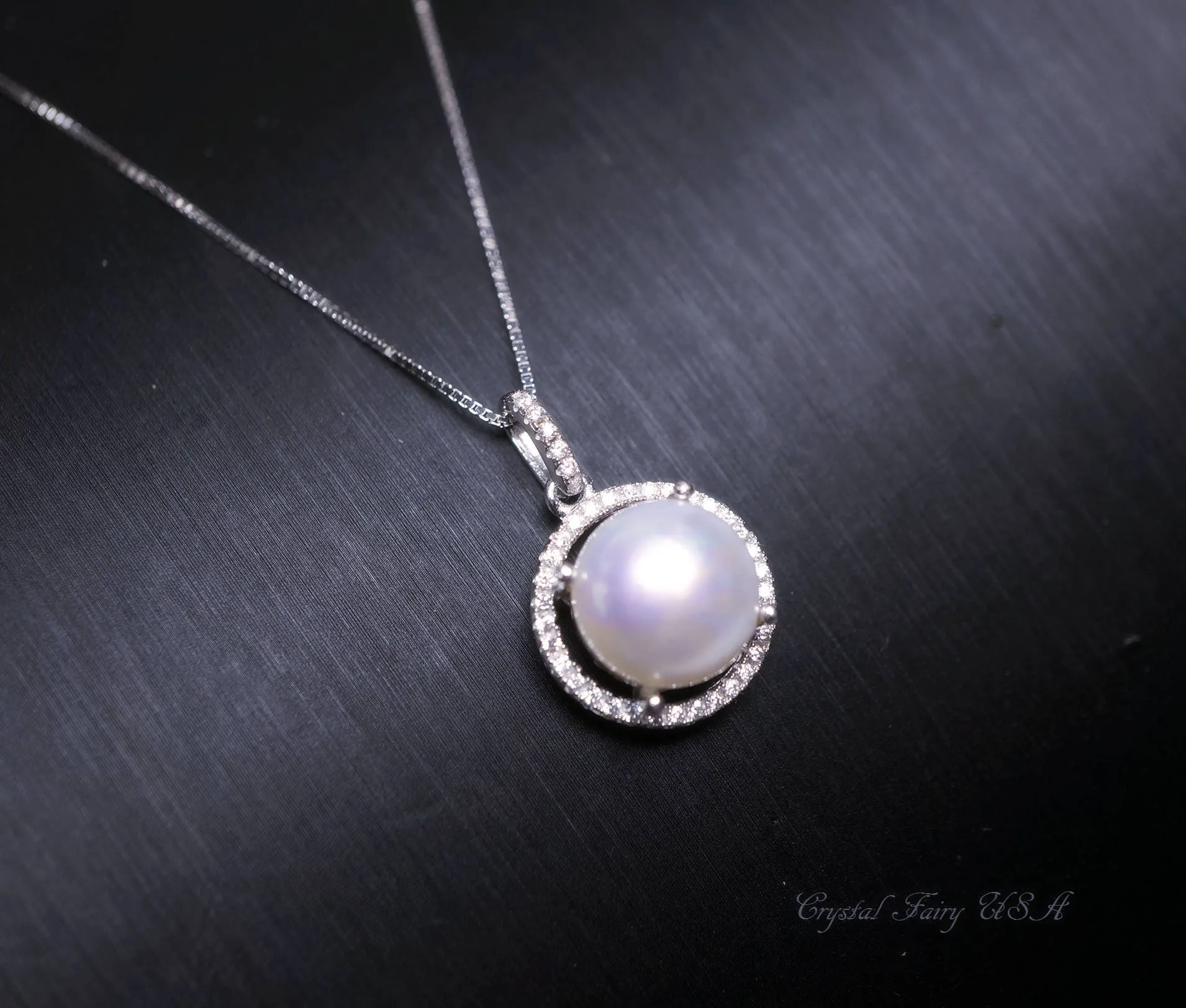 Large Freshwater Pearl Necklace - 925 Sterling Silver Bridal Pearl Necklace -   Princess Diana Style Box Chain Halo White Pearl #208