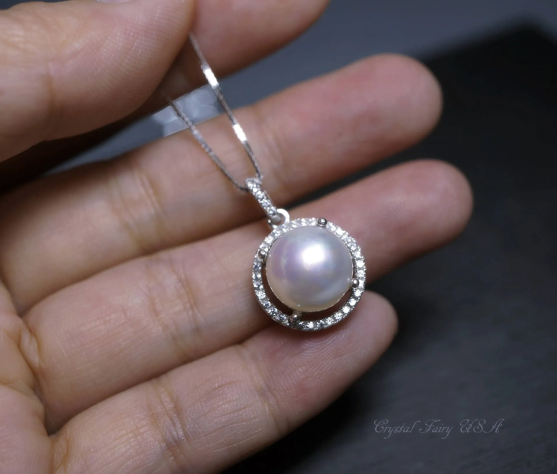 Large Freshwater Pearl Necklace - 925 Sterling Silver Bridal Pearl Necklace -   Princess Diana Style Box Chain Halo White Pearl #208