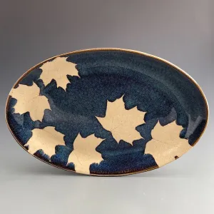 Large Oval Plate in Dark Blue Glaze with Maple