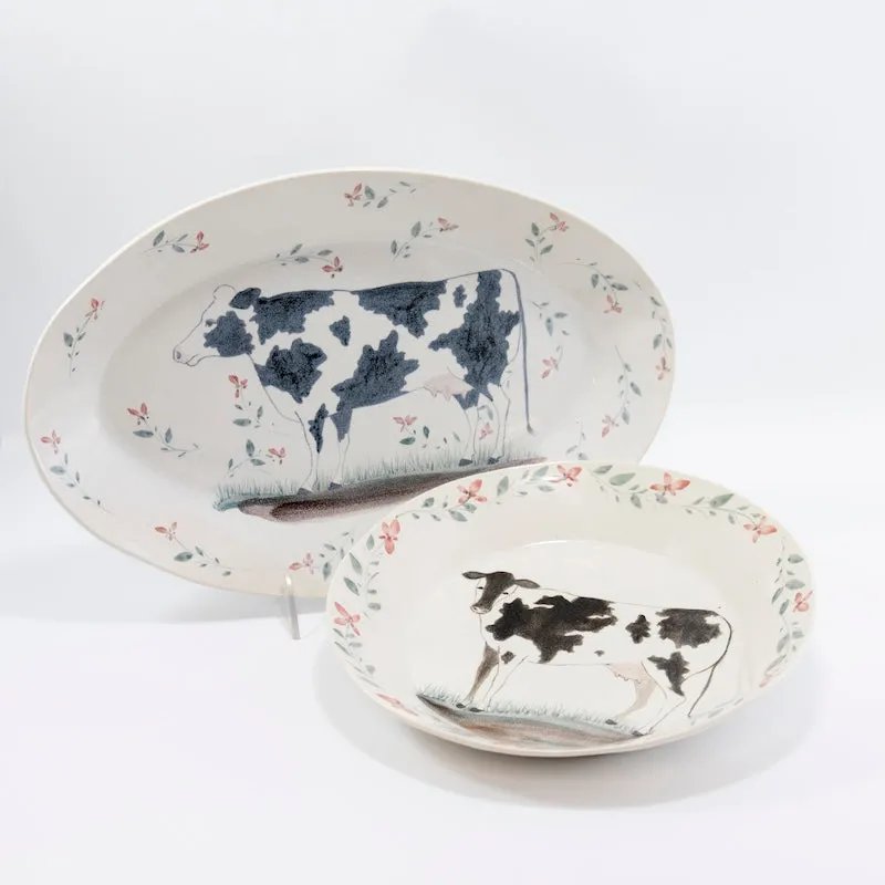 Large Oval Platter with Cow and Flowers