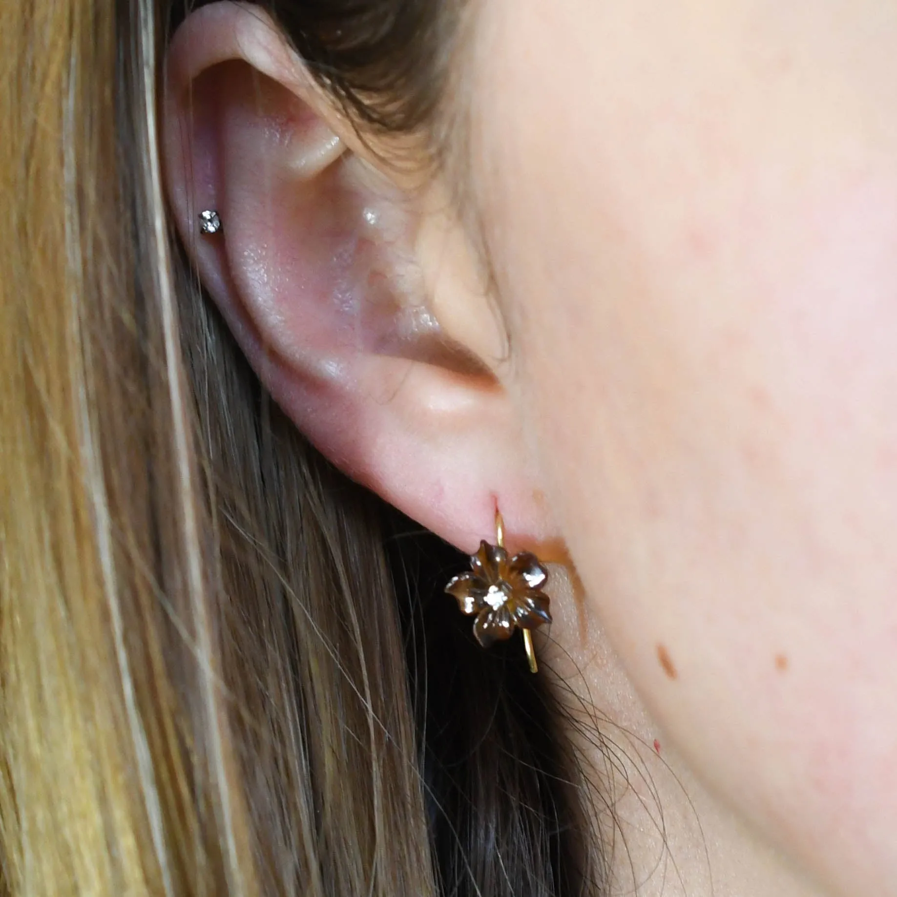 Late Victorian Carved Citrine & Diamond Flower Earrings