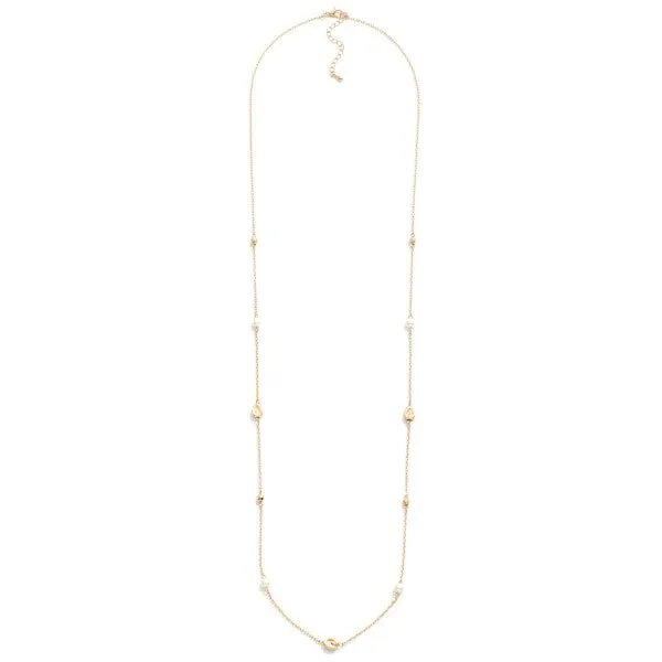 Long Dainty Chain Link Necklace Featuring Pearl and Dimpled Metal Tone -Gold