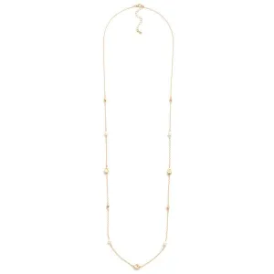 Long Dainty Chain Link Necklace Featuring Pearl and Dimpled Metal Tone -Gold