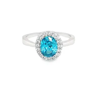 March Birthstone Color CZ Oval Halo Ring in Sterling Silver