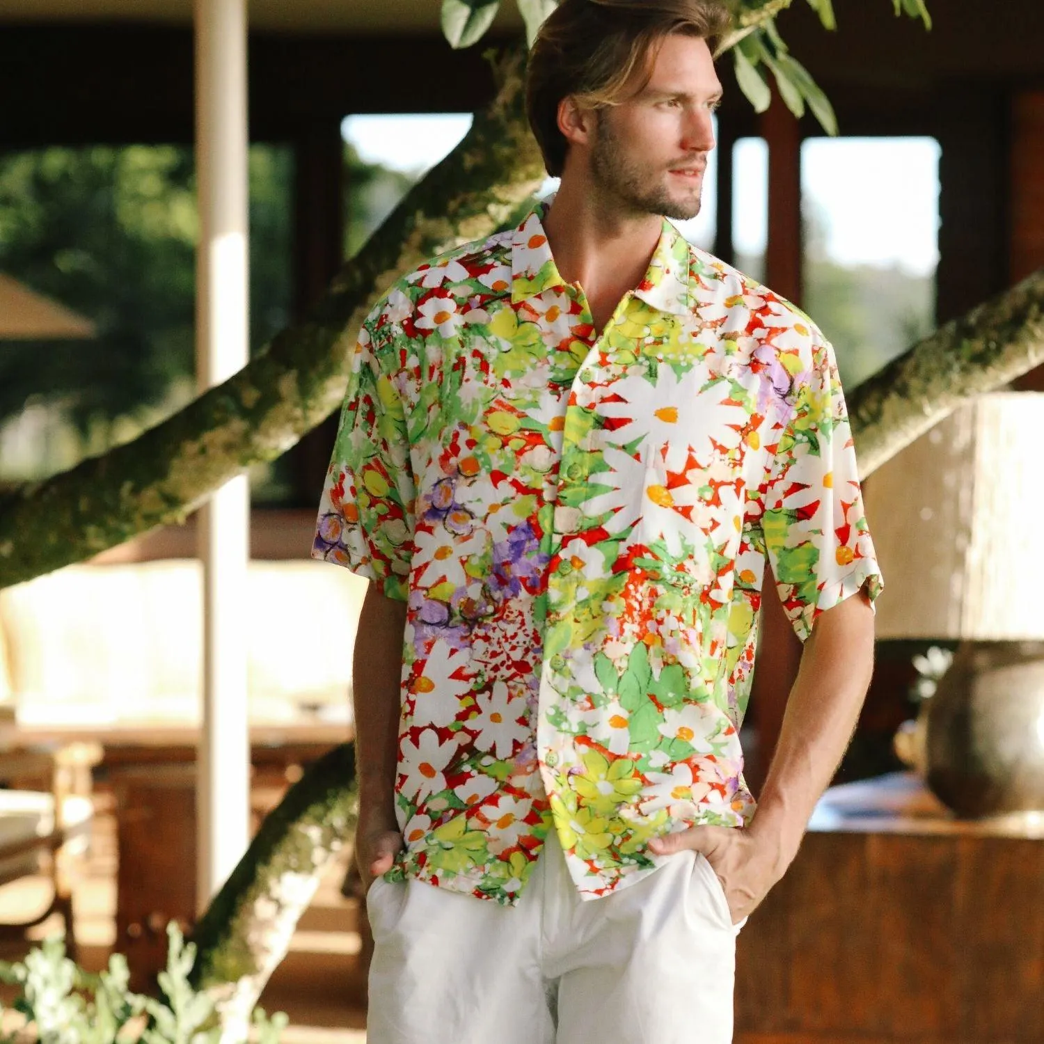 Men's Retro Shirt - Daisy Patch Red
