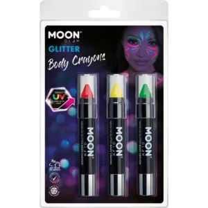 Moon Glow Neon Uv Glitter Body Crayons, Red, Yellow, Green