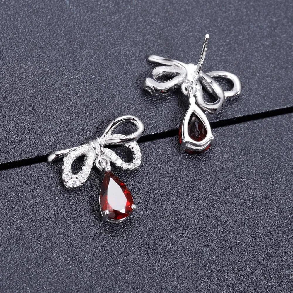 Natural Garnet Bow Water Drop Shaped Retro Stud Earrings