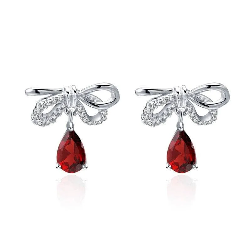 Natural Garnet Bow Water Drop Shaped Retro Stud Earrings