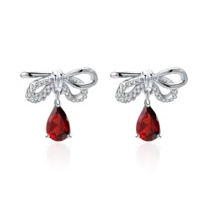 Natural Garnet Bow Water Drop Shaped Retro Stud Earrings