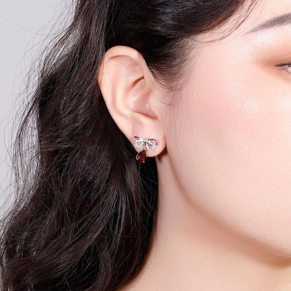Natural Garnet Bow Water Drop Shaped Retro Stud Earrings