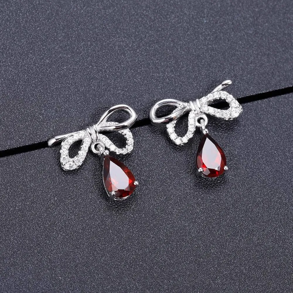 Natural Garnet Bow Water Drop Shaped Retro Stud Earrings