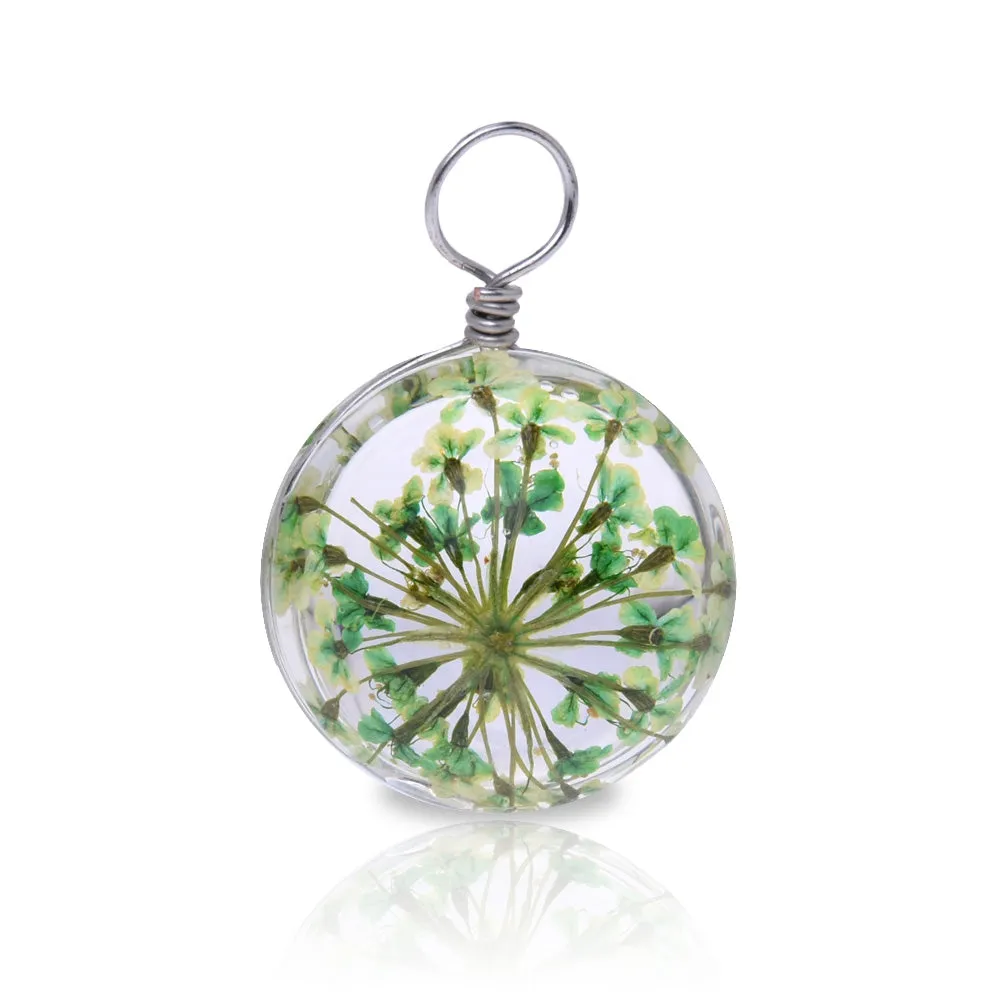 Natural Real Dried Flower Pendant Round Glass Locket Pendant, Real Pressed Flower Glass Dome Pendant Botanical Jewelry 10pcs