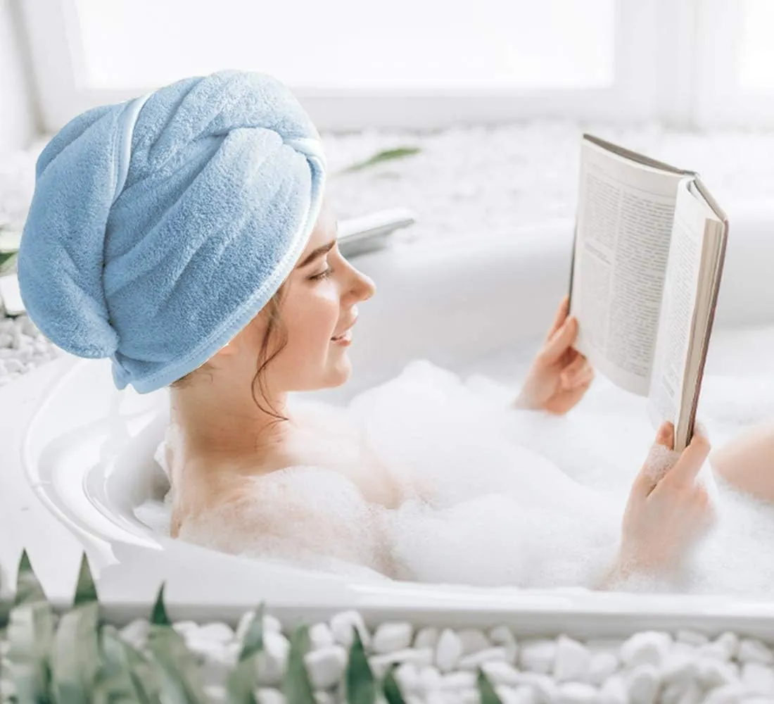 NEW Blue Hair Towel Wrap Turban Super Absorbent Microfiber Quick Dry Hair Towel with Button, Women Girls Dry Hair Hat, Wrapped Bath Cap 26inch/10inch