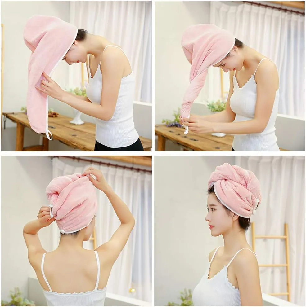 NEW Blue Hair Towel Wrap Turban Super Absorbent Microfiber Quick Dry Hair Towel with Button, Women Girls Dry Hair Hat, Wrapped Bath Cap 26inch/10inch