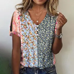NEW Bovuf Mixed Floral Patchwork Print Split Sleeve Top, Sz L, Retails $72